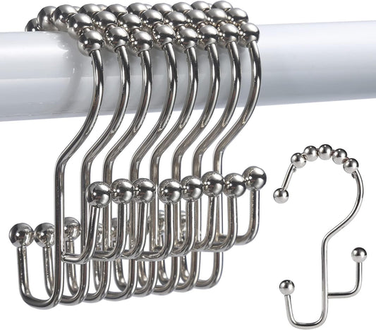 Shower Curtain Hooks, 12 Pcs Double Shower Curtain Hooks Rings, Black Shower Curtain Hooks Rust Proof, Stainless Steel Bathroom Shower Hooks for Shower Curtain, Towels, Clothing, Nickel