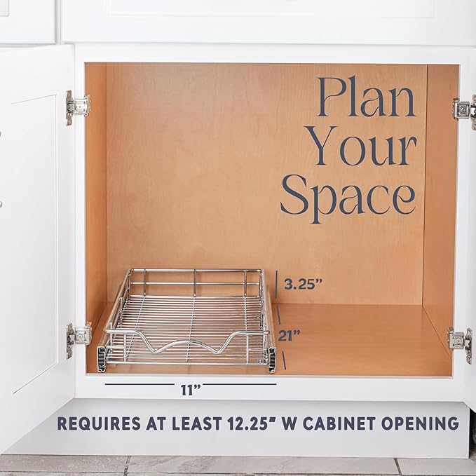 HOLDN’ STORAGE Pull Out Cabinet Organizer, Heavy Duty Caddy w/Lifetime Limited Warranty -11”W x 21”D - Requires At Least 12-1/4” Cabinet Opening, Steel Metal Cabinet Drawers Slide Out, Chrome