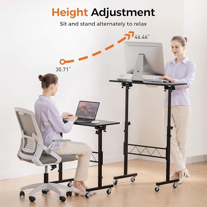 COMHOMA Small Standing Desk Adjustable Height & Tiltable Tabletop, Mobile Stand Up Desk for Laptop, Portable Computer Table for Home Office Work and Walking Pad Treadmill, Height 30.7"-46.4", Black
