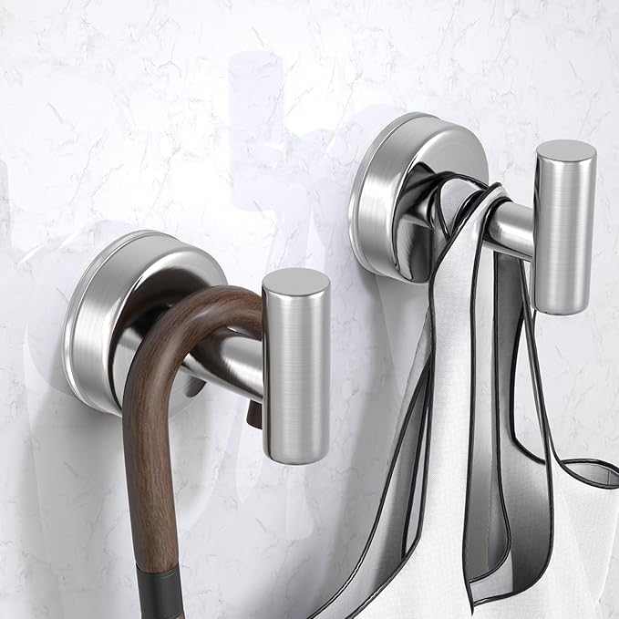 Suction Cup Hooks for Shower, Shower Hooks for Hanging Towels, Robes, Bath Balls, Stainless Steel Towel Hooks for Bathroom Wall, Glass Door, Kitchen, Mirror, Tile (2 Pack，Silver)