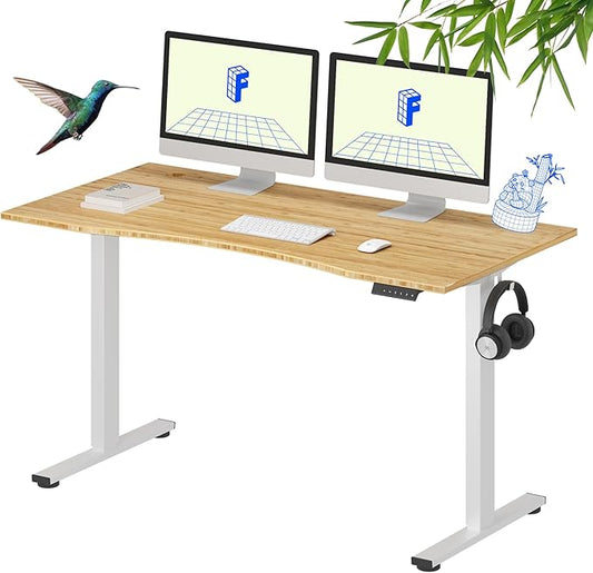 FLEXISPOT EN1 Bamboo Standing Desk, 55 x 28 Inches Whole-Piece Electric Adjustable Height Sit Stand Table, Home Office (White Frame + Bamboo Curved Desktop, 2 Packages)