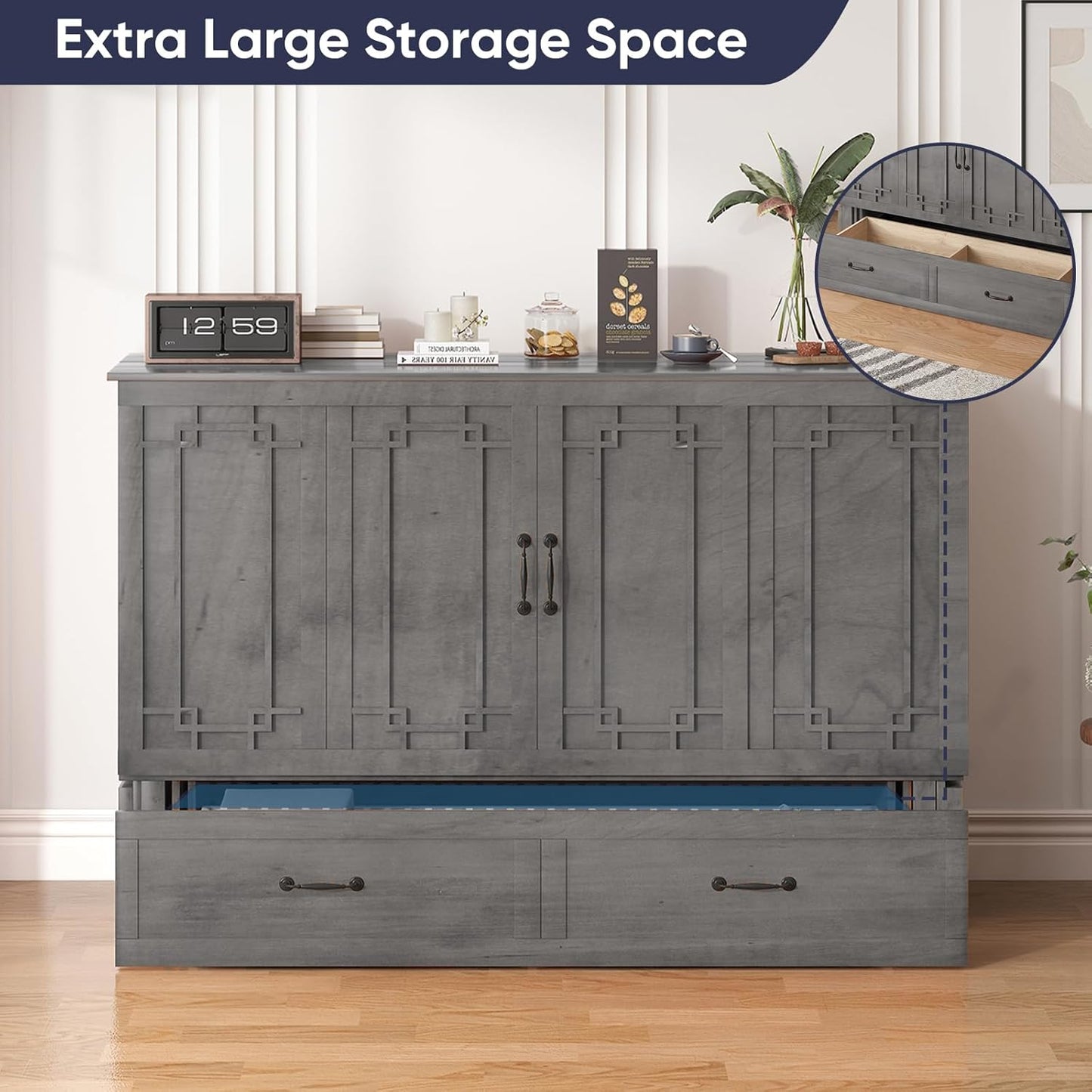 ijuicy Chest Murphy Bed Queen, Murphy Cube Cabinet Bed with 3 Level Foldable Memory Foam Mattress, 2 Large Drawers and Charging Station for Guests Room/Bedroom(Charcoal Grey)