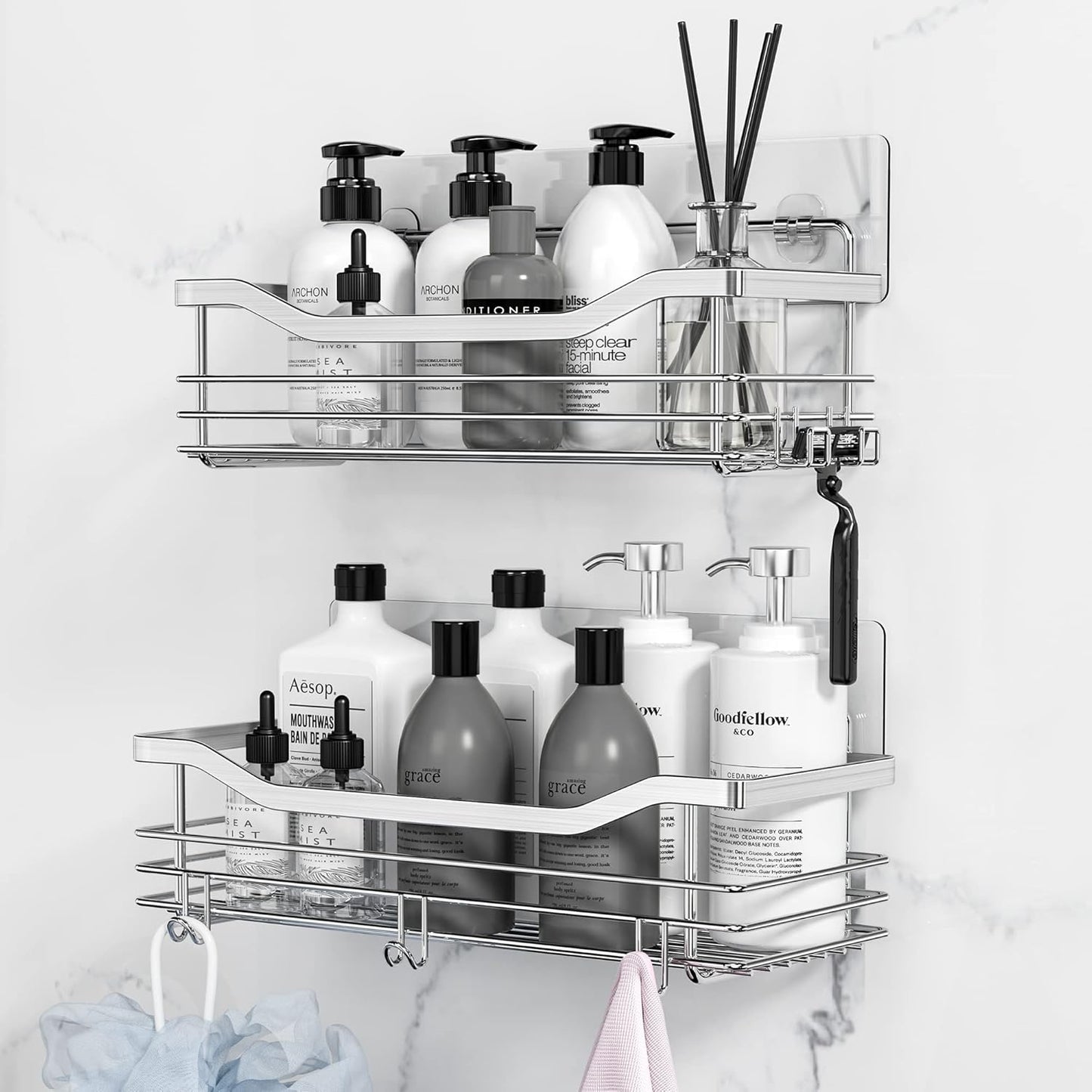 Orimade Shower Caddy Basket Shelf Storage Rack Pack of 2, No Drilling Wall Mounted Adhesive Rust Proof Stainless Steel Shower Organizer with 5 Hooks for Bathroom, Toilet, Kitchen