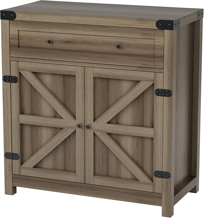 JUMMICO Coffee Bar Cabinet Farmhouse Kitchen Sideboard Buffet Cabinet with Drawer and Adjustable Shelf Barn Door Storage Cabinet for Kitchen, Dining Room, Bathroom, Entryway (Rustic Oak)