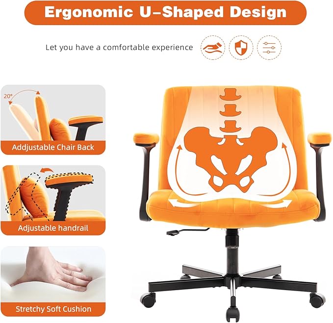 Furnimart Criss Cross Desk Char Wide Seat with Wheels and Arms, 360° Swivel Cross Legged Desk Chair Thick Cushion, Velvet Comfy Armless Home Office Chair for Bedroom, Vanity, Sturdy (Yellow)