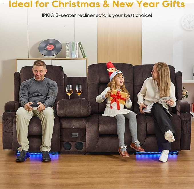 IPKIG 89" Power Reclining Loveseat Sofa, Electric Home Theater Seating with Console/4 Colors Ambient Lighting/Bluetooth Speakers/USB Ports/Built-in Outlets (Brown, 3-Seater with Console)