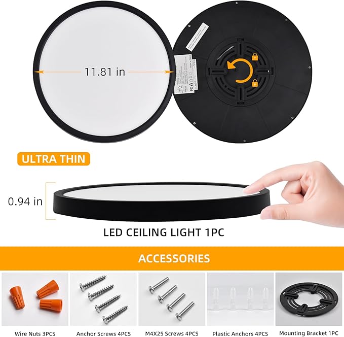 Hlite 4pack 12 inch Flush Mount LED Ceiling Light Fixture,24W 2400LM Super Slim Light Fixtures Ceiling Mount 3000K/4000K/5000K 3CCT Selectable,Ceiling Light Fixtures for Kitchen,Bedroom (Black)