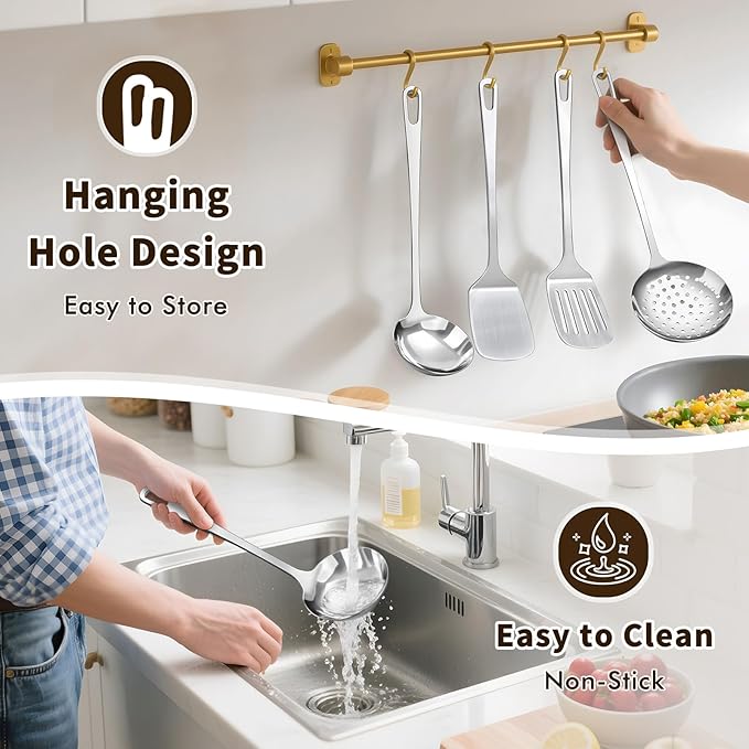 4 Pcs Cooking Utensils Set, Stainless Steel Kitchen Utensils, Heat Resistant Metal Kitchen Tools Include Solid & Slotted Turner Wok Spatula, Serving Spoon, Ergonomic Handle, Easy to Clean, Silver