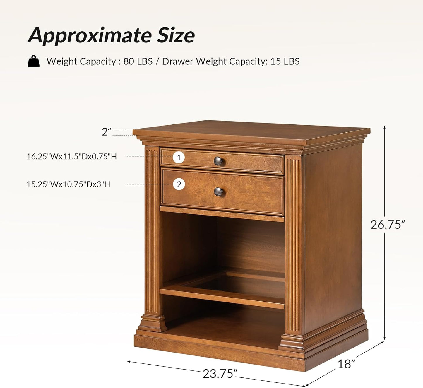 HULALA HOME Wood Nightstand with Tray and Storage Shelves, Traditional Design with Roman Column, End Table with Charging Station/LED, AC0RN