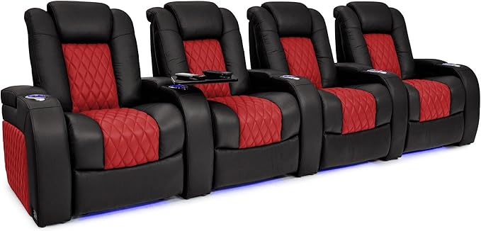 Seatcraft Diamante - Home Theater Seating - Living Room - Power Recline - Italian Leather - Powered Headrests - Cupholders - USB Charging - Ambient Lighting - Arm Storage, Black/Red, Row of 4