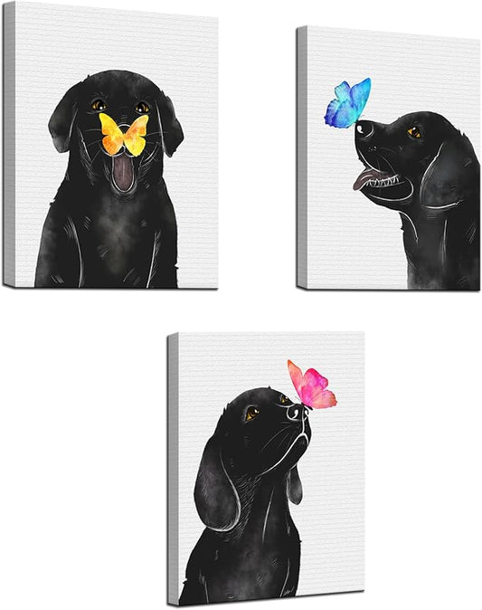 KLVOS Dog Animal Wall Art for Nursery Room Butterfly on Dog Nose Kids Bed Room Wall Decor 3 Panel Black and White Puppy Prints Picture for Pet Shop 12"x16"x3 pcs