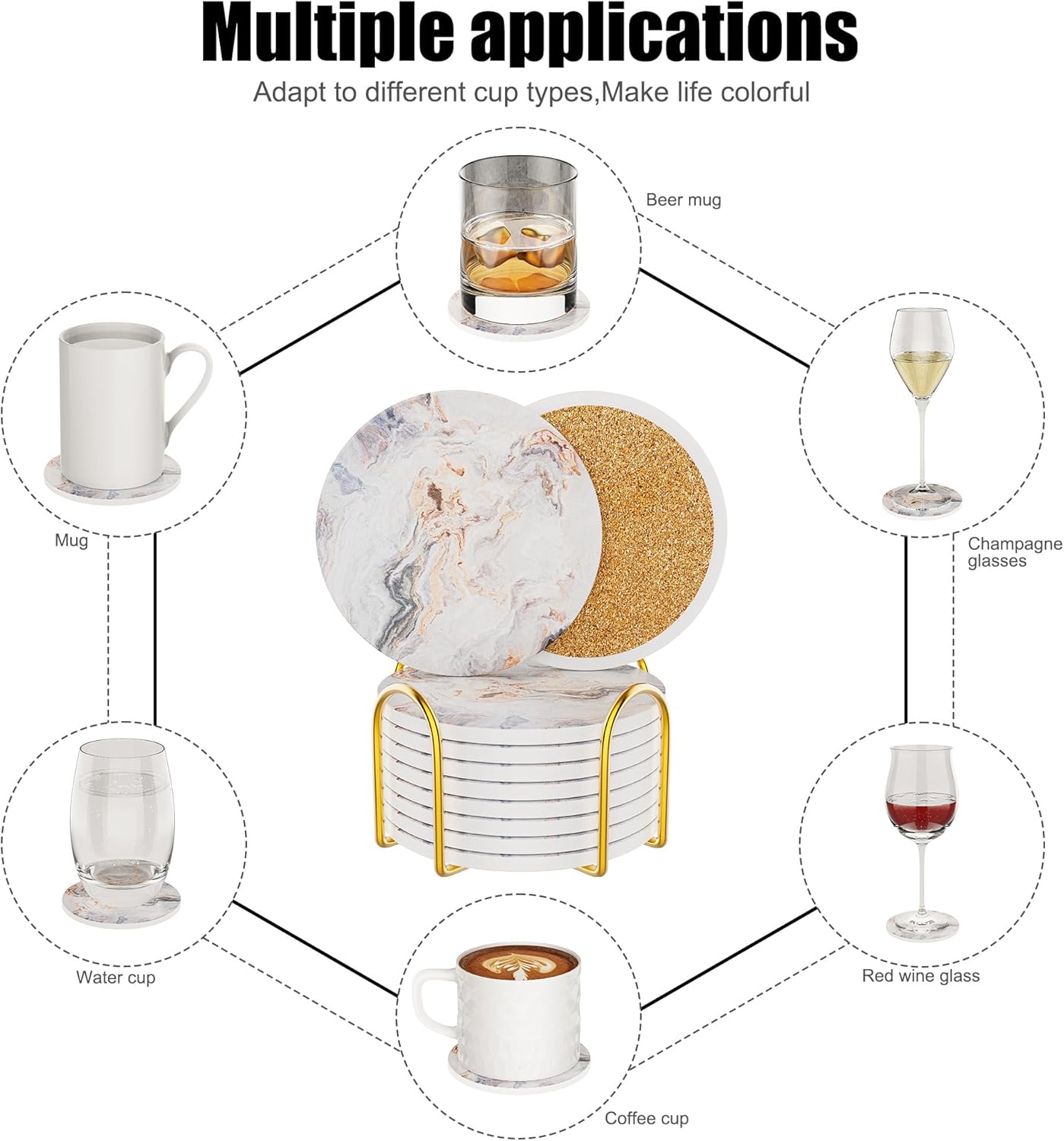 Coasters for Drinks Set of 8, Absorbent Abstract Sand Marble with Metal Golden Holder, Ceramic Coaster Set Cup Mat for Home Decor, Bar, Kitchen, Party