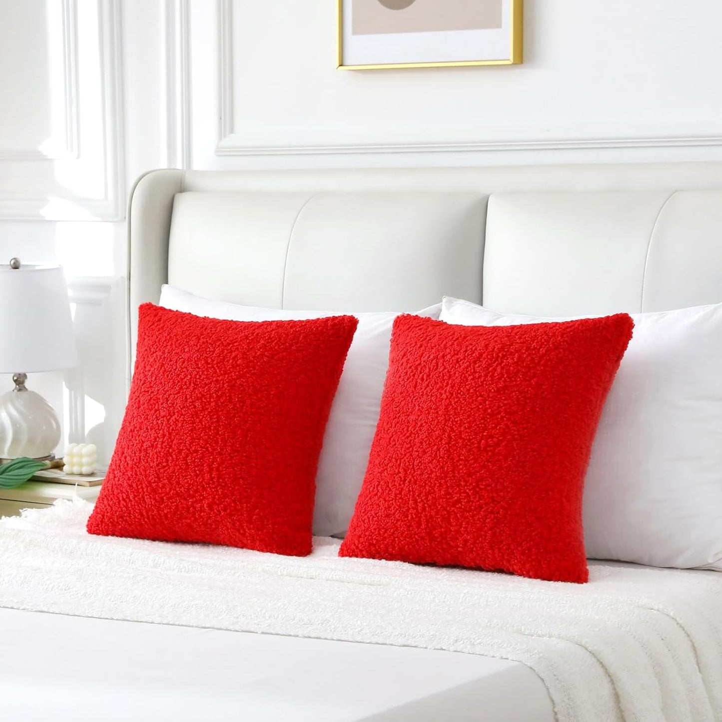 FUTEI Red Throw Pillow Covers 22x22 Inch Set of 2,Furry Faux Fur Teddy Boucle Textured Cushion Covers,Soft Fluffy Decorative Pillow Case,Home Decor for Couch Bed Living Room Office Car