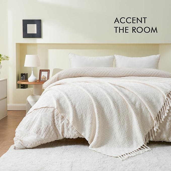 lifein Throw Blanket for Couch - Boho Throw Blanket, Knit Woven Blanket, Soft Decorative Blankets&Throws with Tassels for Bed,Sofa,Chair,Home Decor (Cream, 50 * 60, Waffle)