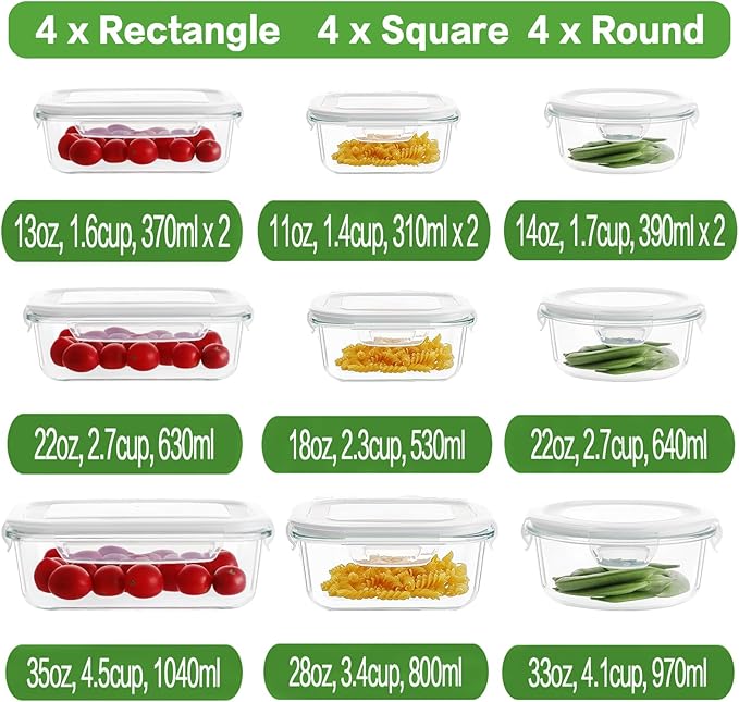 HOMBERKING 24pc Glass Food Storage Containers with Lids, Glass Meal Prep Containers, Airtight Glass Bento Boxes, BPA Free & Leak Proof, Pantry Kitchen Storage(12 lids & 12 Containers) - White