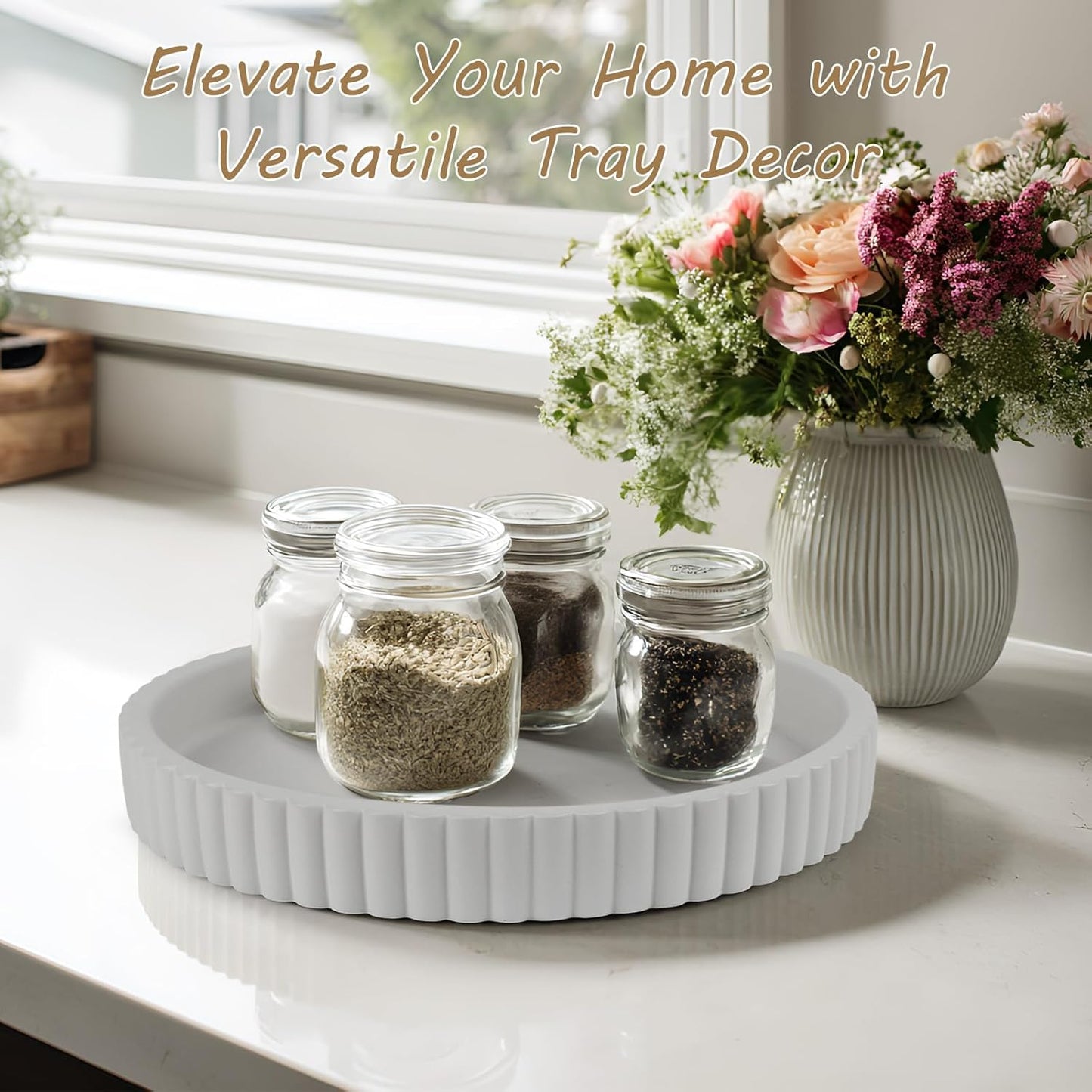 Round Decorative Tray for Coffee Table Decor-Modern Home Decor Tray-Concrete Coffee Table Serving Tray-Centerpiece Table Tray-Ottoman,Vanity, Bathroom, Kitchen,Dresser (Gray)