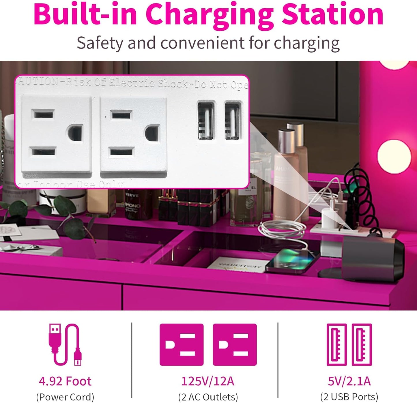 Karl home Vanity Desk with Large Lighted Mirror & Powre Outlet, Glass Tabletop Makeup Vanity Set with 7 Drawers, 45.3" Vanity Table with 3 Color Lighting Modes, Dressing Table for Women Girls, Pink