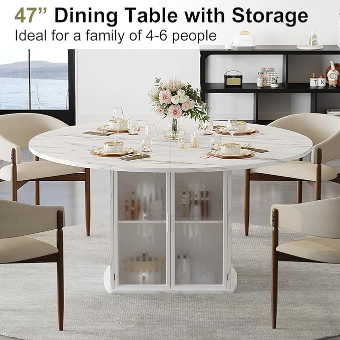 IBF 47" Round Dining Table with Fridge Space, Modern White Faux Marble Kitchen Tables for 4-6 People,Wood Dining Room Table with Storage Shelf, Circle Dinner Tables for Home, White Marble, Only Table