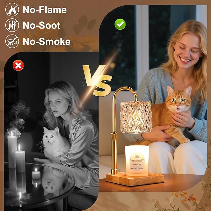 Hong-in Candle Warmer Lamp with Timer -Dimmable Adjustable Height Wax Melt Warmer for Jar Candles,Vintage Home Decor with Elegant Clear Glass,Birthday Gifts for Women, Mom, Friend, Sister