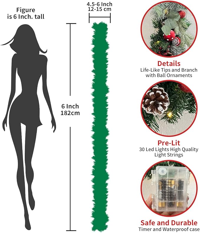 WANNA-CUL Pre-Lit 6 Feet/ 72 Inch Christmas Garland with Lights for Front Door Red White Christmas Mantel Garland Decoration with Ball Ornaments,Candy Canes,Eucalyptus Leaves, Battery Operated 30 LED