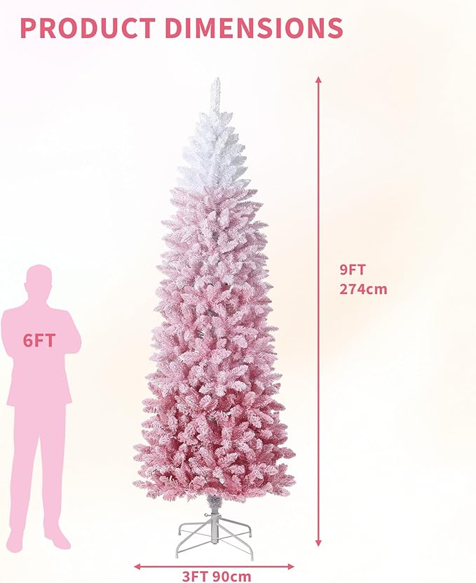 GarveeHome 9ft Snow Flocked Pencil Christmas Tree, Slim Artificial Christmas Tree with Sturdy Metal Stand, Skinny Xmas Tree Holiday Decoration for Home, Office, Pink Gradient