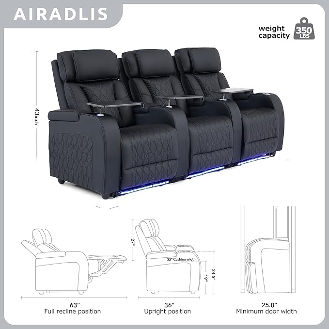 Home Theater Seating Top Grain Leather, Movie Theater Chairs Theater Recliner Sofa with Dual Power Ergonomic Design 7 Colors Ambient Lighting Tray Table Type-C USB Charge (Black, Row of 3)