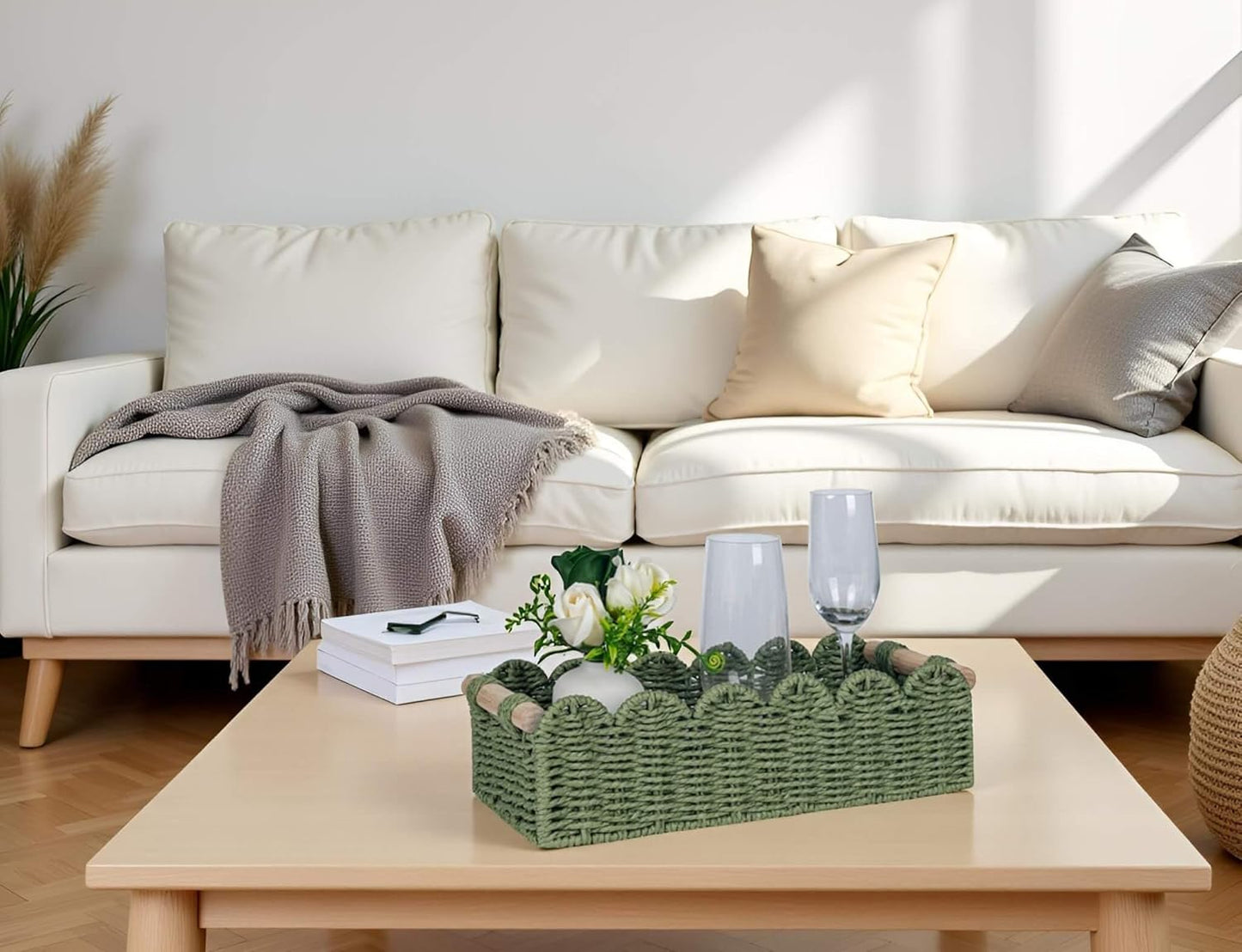 CubesLand Toilet Paper Storage Basket Scalloped Edge Home Decor Green Basket, Living Room Cozy Decor, Paper Rope Small Baskets for Over Toilet Storage Shelf, End Table, Shelves, with 2 Wooden Handles