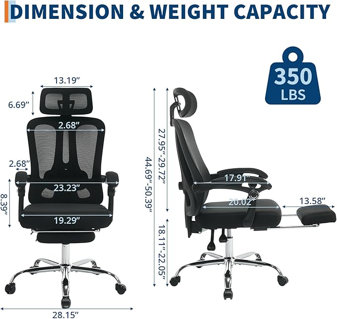 GarveeHome High Back Ergonomic Office Chair with Mesh Back, Retractable Footrest, Adjustable Headrest & Lumbar Support – Computer Desk Chair with Wheels for Home Office or Bedroom, Black with Pillow