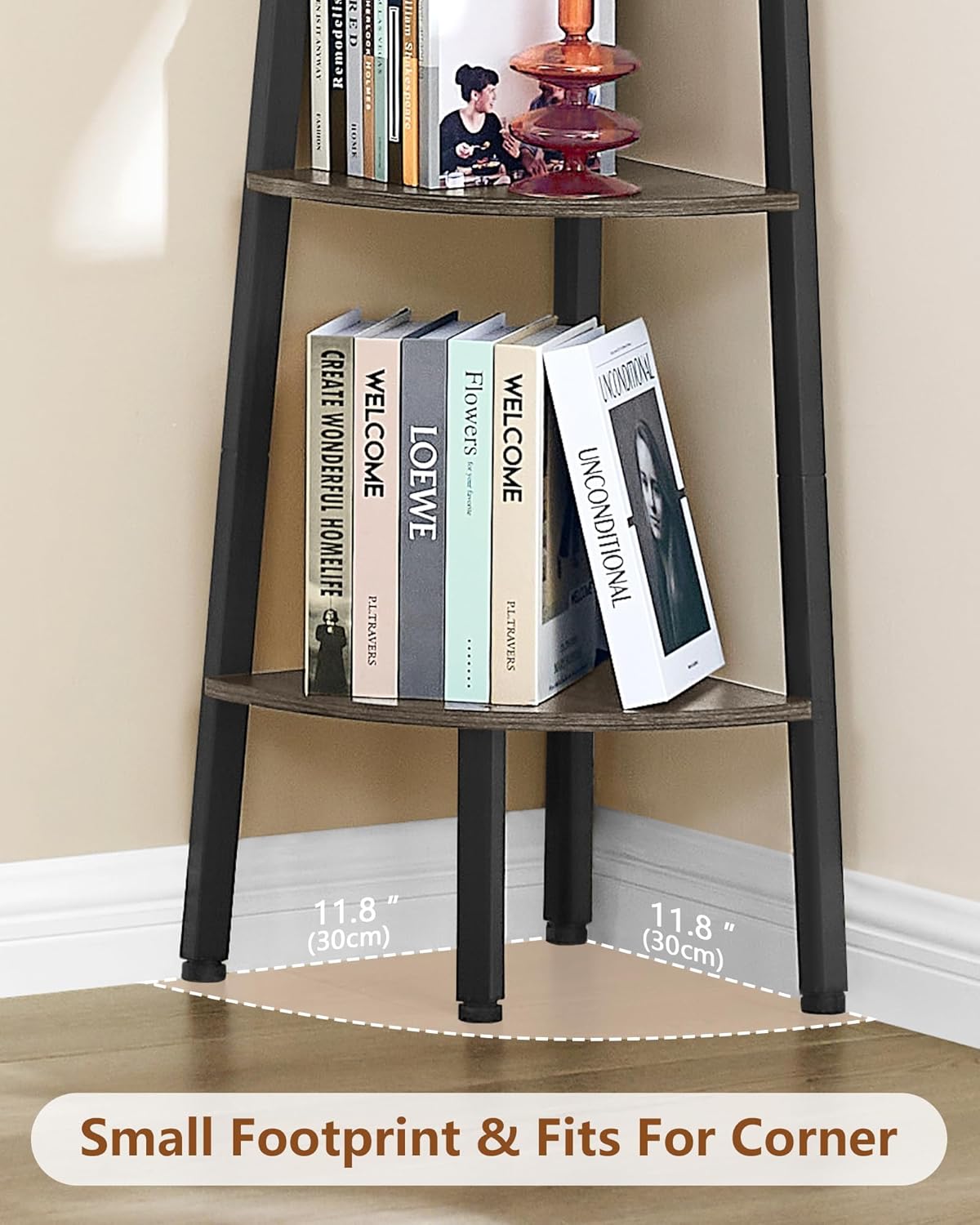 Hoctieon Corner Shelf, 5-Tier Corner Bookshelf, Rustic Ladder Shelf, Industrial Display Stand for Living Room, Kitchen, Home Office, Balcony, Small Space, Metal Frame, Grey