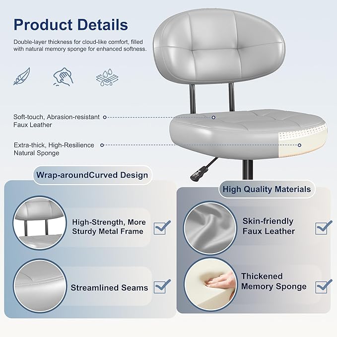 Misolant Vanity Chair with Back, Small Armless Cute Office Chair with Wheels and Lumbar Support, Comfy PU Leather Desk Computer Chairs with Adjustable Height, 360°Swivel for Home Bedroom Office, Gray