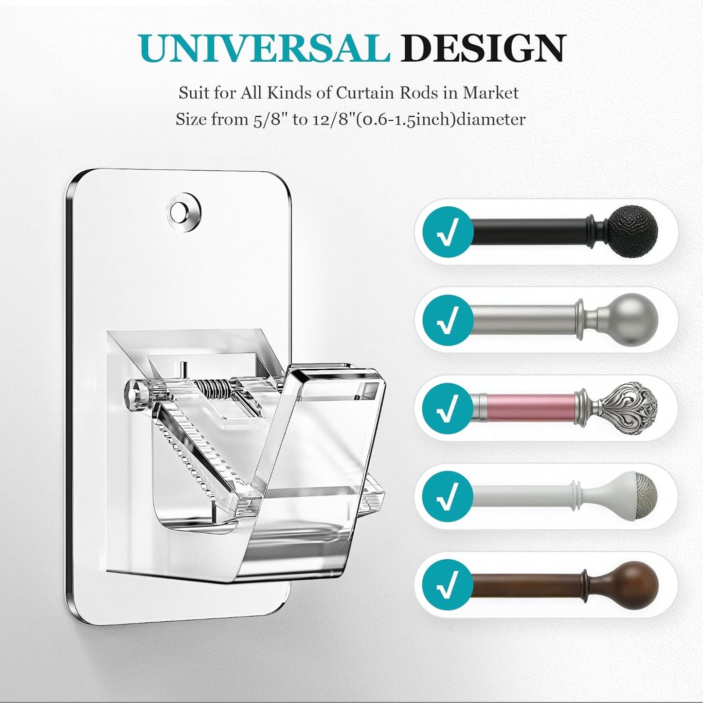 Adhesive No Drill Curtain Rod Brackets - Heavy Duty 30LB Holders for Bathroom Bedroom Kitchen, Universal Damage-Free Window Rod Hooks with Nail-Free Installation (4PC Transparent)