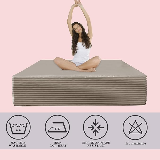 King Bed Skirt-Box Spring Cover with 14 Inch Tailored Drop,Wrinkle and Fade Resistant Hotel Wrap Around Bed Skirts,Bed Frame Cover (Horizontal Stripe Light Khaki, King)