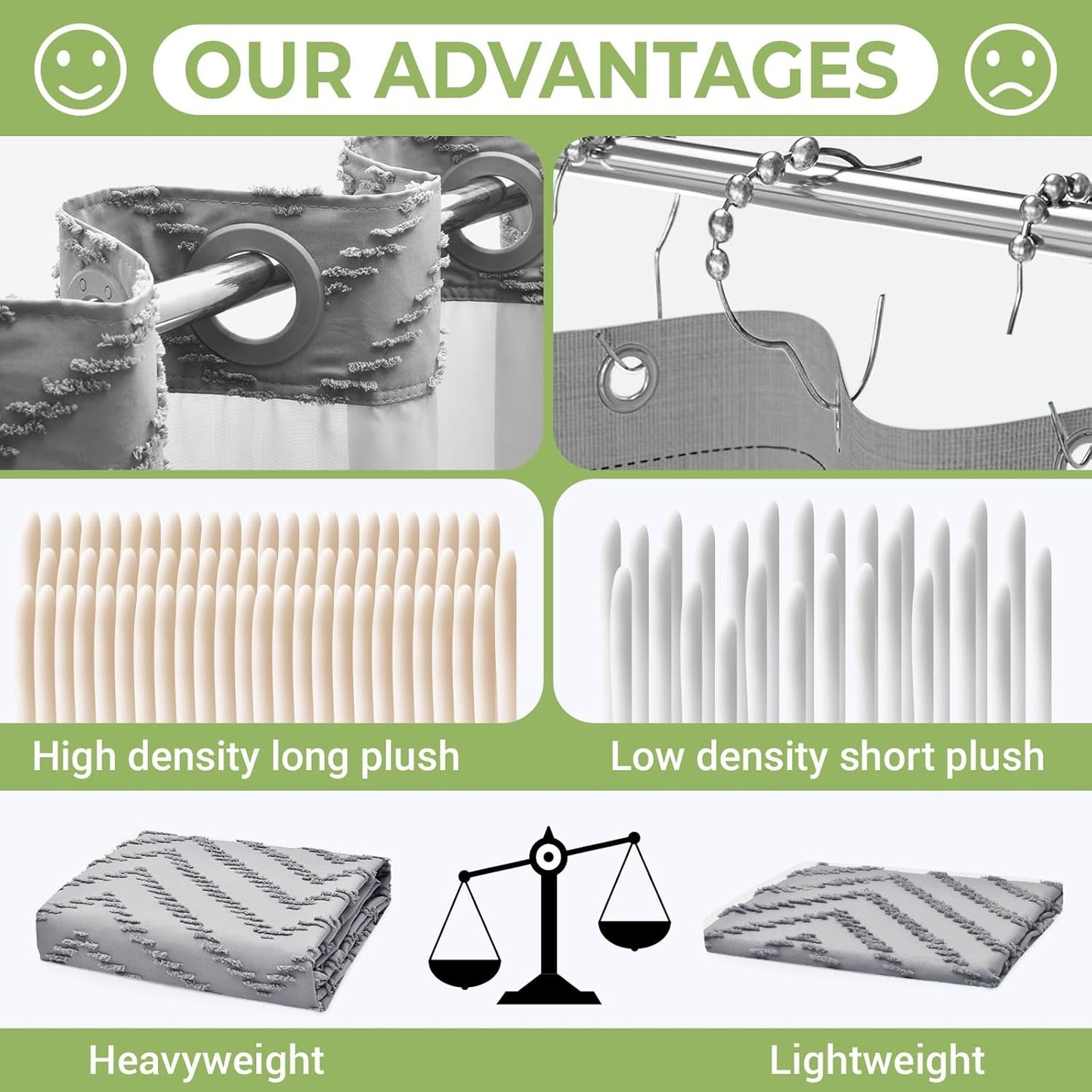 No Hook Shower Curtain with Snap in Liner, Tufted Chevron Striped Shower Curtain Set for Bathroom, Boho Waterproof and Washable Shower Curtains,71Wx77H, Grey