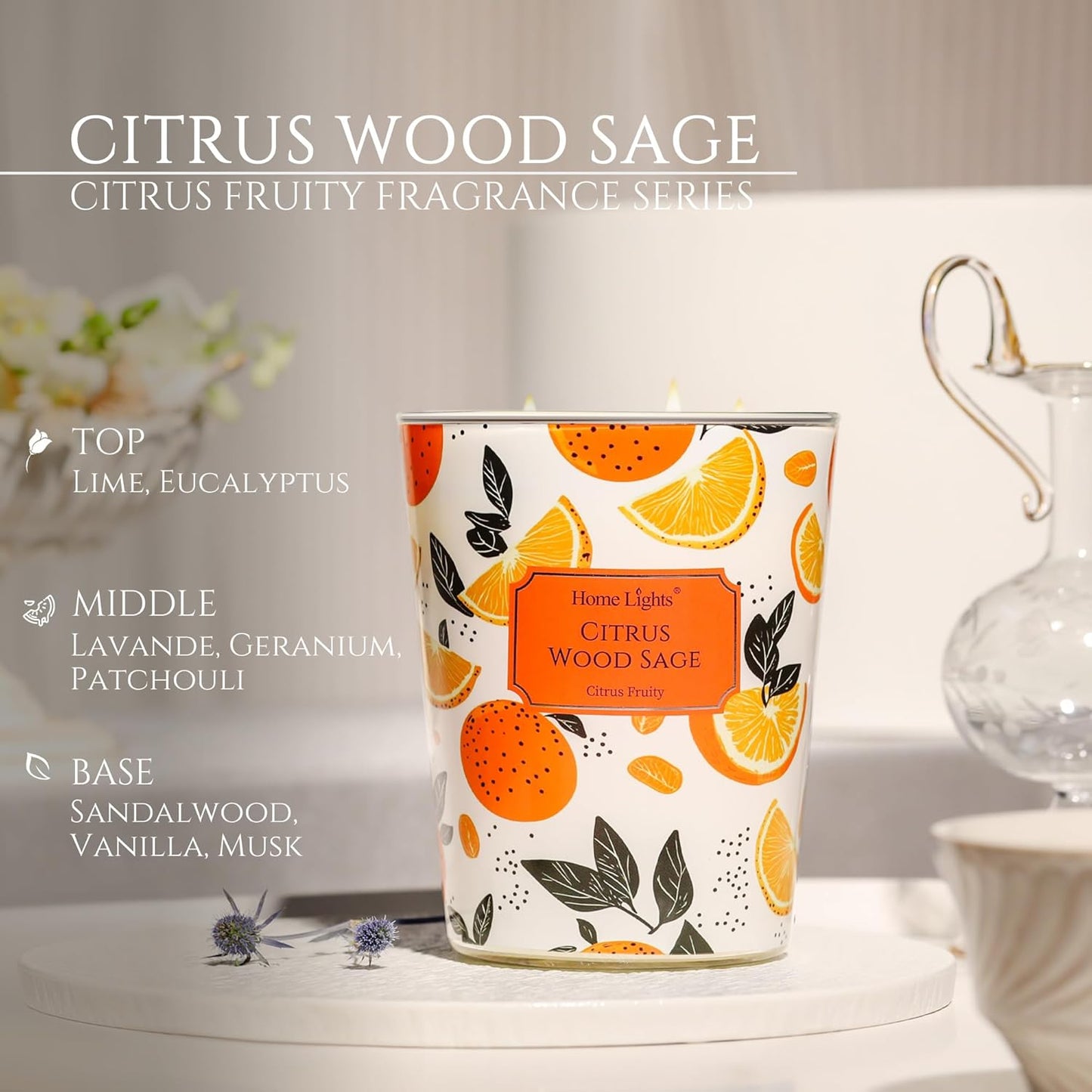 HomeLights Citrus Wood Sage Scented Candles | 34oz Soy Candles Eclectic Mixed Styles 3-Wick Large Candle Jars | Ideal Candle Gifts for Events, Home Decor Stress, Relief & Relaxation