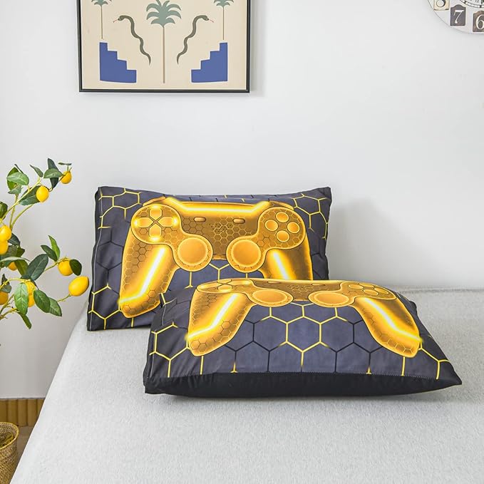 NTBED Game Console Comforter Set for Boys Girls Kids 3D Gaming Geometric Lightweight Microfiber Bedding Sets (Gold, Twin)