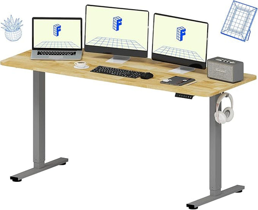 FLEXISPOT EN1 One-Piece Solid Wooden Standing Desk 63 x 24 Inches Height Adjustable Electric Sit Stand Home Office Desks (Silver Frame + Rubber Wood Top, 2 Packages)
