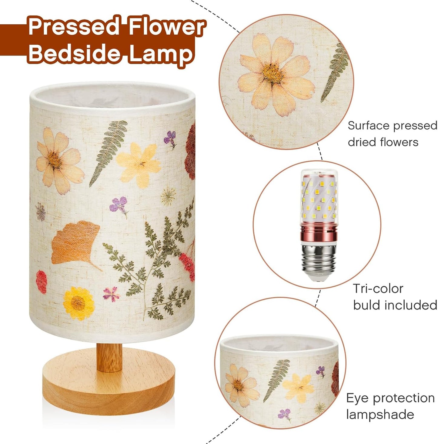 Hortsun Pressed Floral Lamp Bedside Vintage Flower Desk Lamp for Bedroom Living Room, Dorm, Home, Office Decor(1 Pcs,Modern Style)