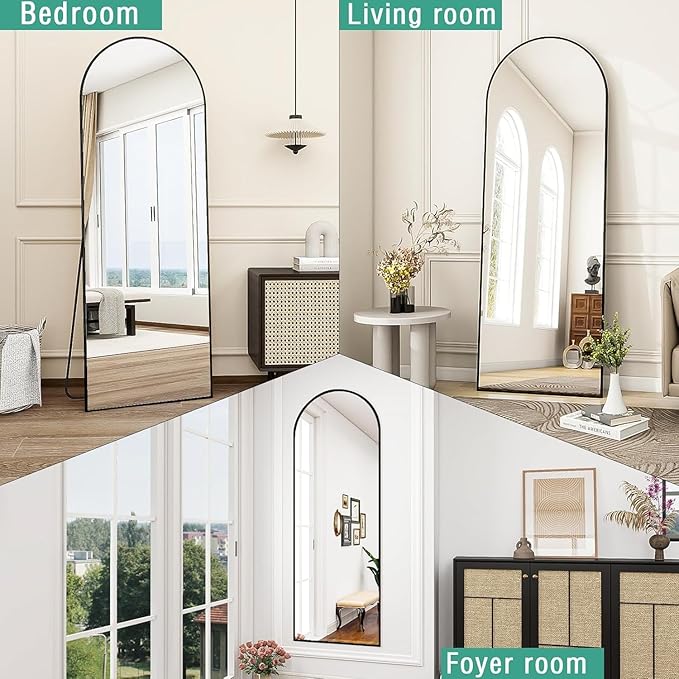 TinyTimes 64''x21'' Arched Full Length Mirror with Stand, Full Body Mirror, Mirrors Full Length Floor Freestanding, Wall Mounted Mirrors for Bedroom Living Room Cloakroom (Black)
