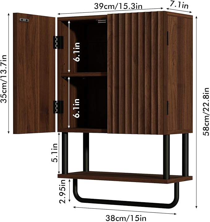 RUSTOWN Farmhouse Bathroom Wall Cabinet with 2 Door, 3-Tier Curved Profile Wooden Medicine Cabinet, Wall Mounted Storage Cabinet with Adjustable Shelf and Towel Bar (Dark Walnut, Small)