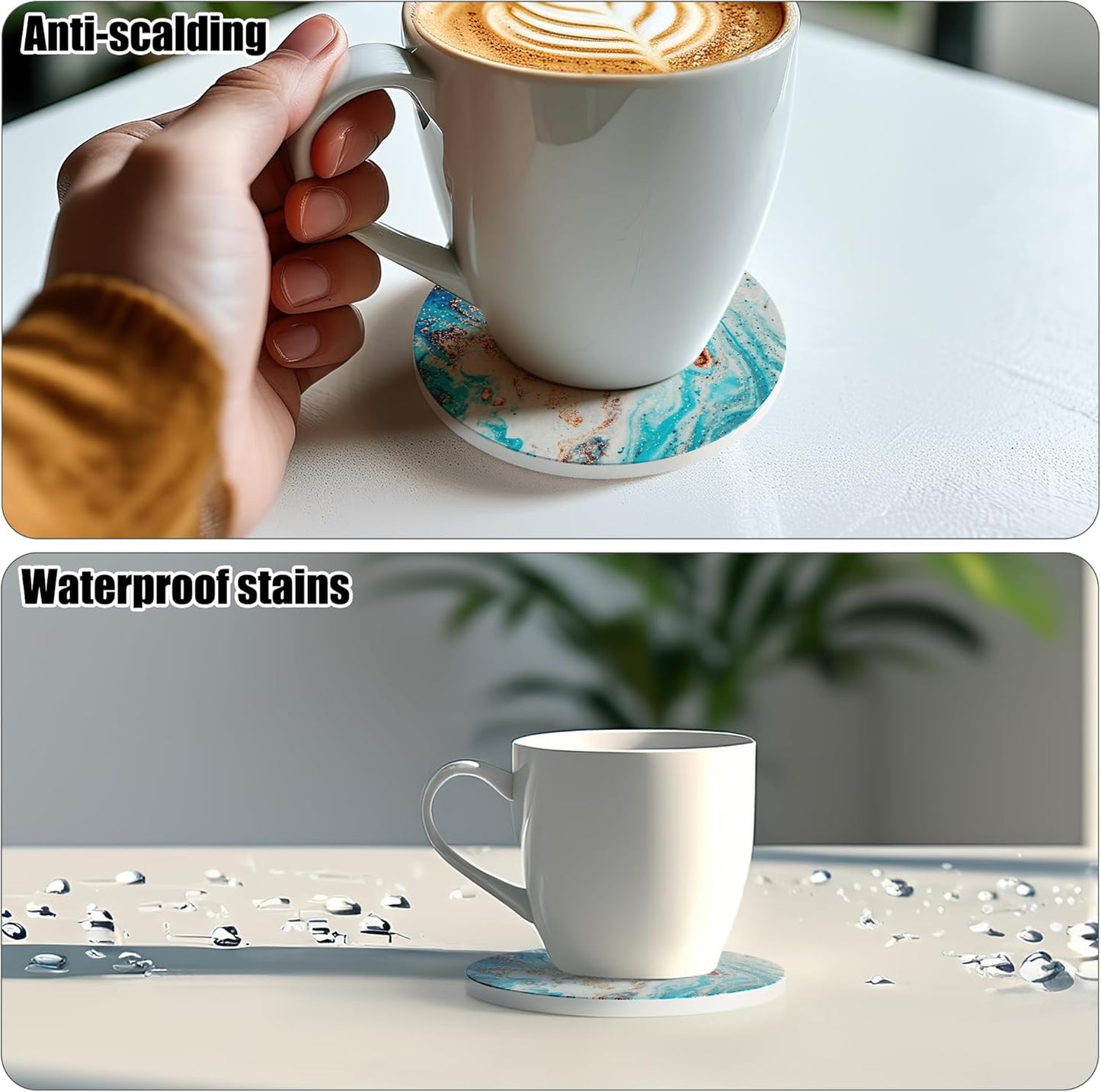 Coasters for Drinks Set of 4, Absorbent Ocean Style Marble with Metal Golden Holder, Ceramic Coaster Set Cup Mat for Home Decor, Bar, Kitchen, Party