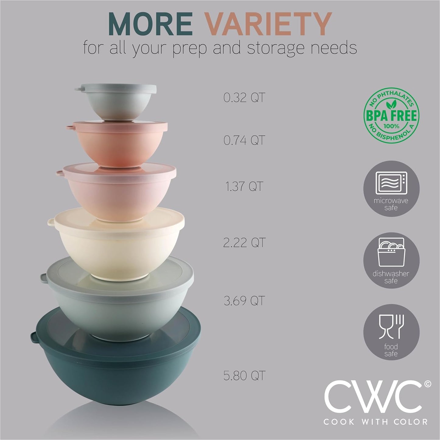 COOK WITH COLOR Mixing Bowls with TPR Lids - 12 Piece Plastic Nesting Bowls Set includes 6 Prep Bowls and 6 Lids, Microwave Safe (Teal)