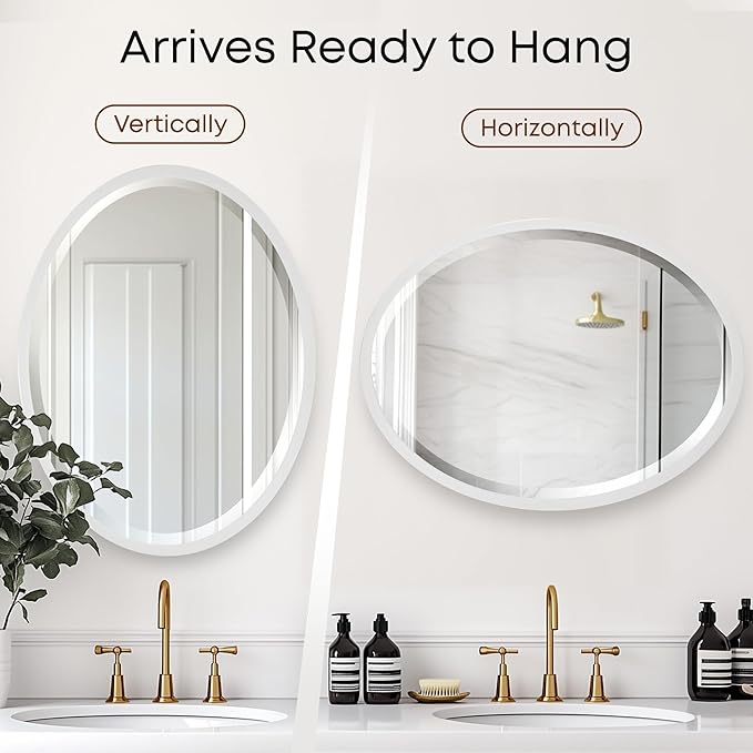 OVALCREST - Oval Wooden Beveled Wall Mirror for Home Decor, Bathroom, Vanity, Bedroom, Living Room, Hallway - London Style (Linen White) 31.1 x 41.1