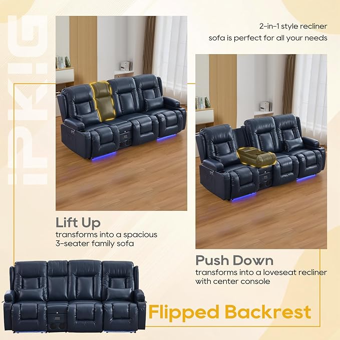 IPKIG 89" Power Reclining Loveseat Sofa, Electric Home Theater Seating with Console/4 Colors Ambient Lighting/Bluetooth Speakers/USB Ports/Built-in Outlets (Blue, 3-Seater with Console)