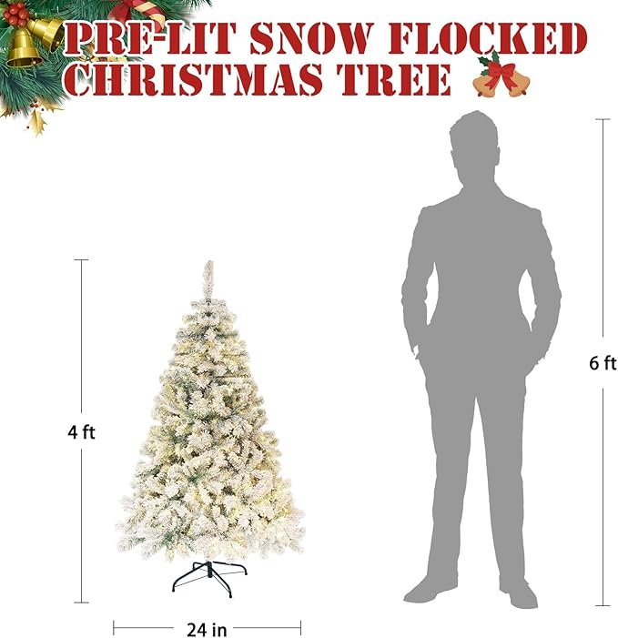 4FT Pre-Lit Snow Flocked Christmas Tree, Small Holiday Xmas Tree with 450 Branch Tips, 150 Warm Lights, Foldable Stand for Party Decoration