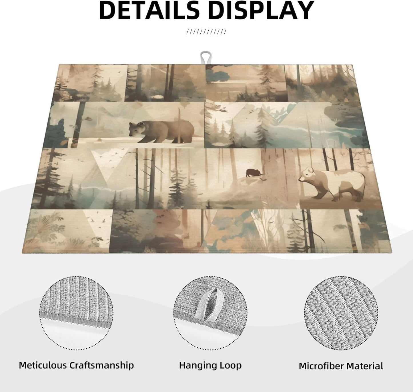 Retro Forest Bear Dish Drying Mat 18x24 For Kitchen Counter Absorbent Microfiber Dishes Pad Dish Drainer Rack Mats Fast Dry Kitchen Accessories