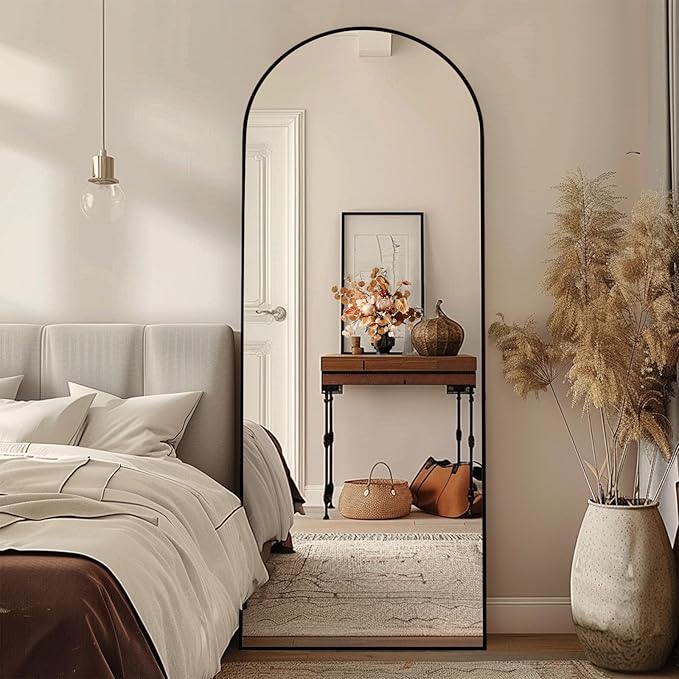 64x22 Arched Full Length Mirror Black,Oversized Floor Standing Mirror with Rust-Resistant Aluminum Frame & Anti-Tilt Base, Modern Arched-Top Design for Bedroom, Living Room, Entryway.