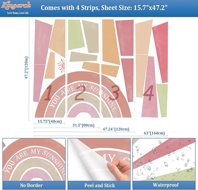 Large Rainbow Sun Wall Decals, Inspirational Peel and Stick Fabric Nursery Wall Decor, Removable Home Room Wall Decor Murals Stickers for Kids Girls Toddler Bedroom Living Room Playroom