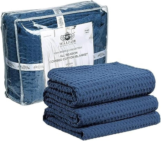 HILLFAIR 100% Cotton Blanket- 120" x 120" XXL Oversized King Bed Blankets - Family Size 10 ft x 10 ft Big - Soft Breathable Waffle Blankets for Bed - Extra Large King Cotton Blanket - Blue