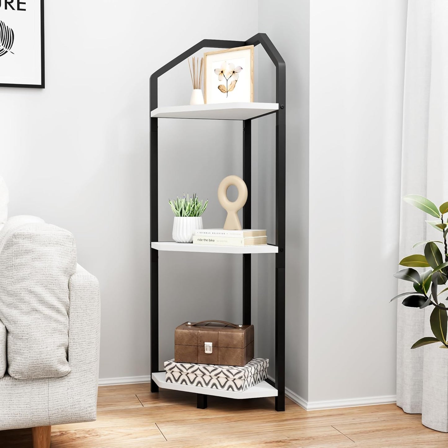 Fun Memories 3 Tier Corner Shelf, 40” Corner Shelf Stand, Corner Bookshelf Plant Stand, Storage Shelf for Bathroom, Living Room, Kitchen,Home Office, White