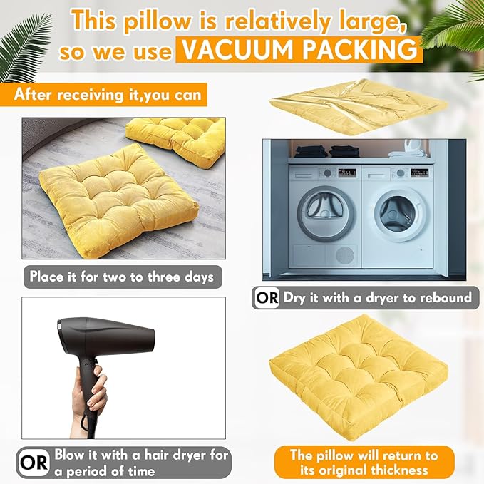 Jerify 4 Pcs Floor Pillow Cushions 22 x 22 Inch Round Square Large Meditation Floor Pillow for Classroom Adult Meditation Picnic Party Cushion for Seating Gift Christmas(Yellow,Square)